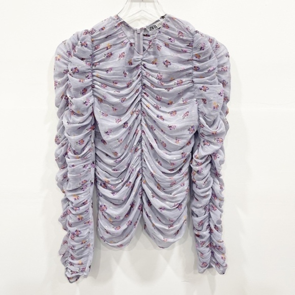 Zara Purple Micro Floral Ruched Long Sleeve Back Zip Blouse Top New Medium